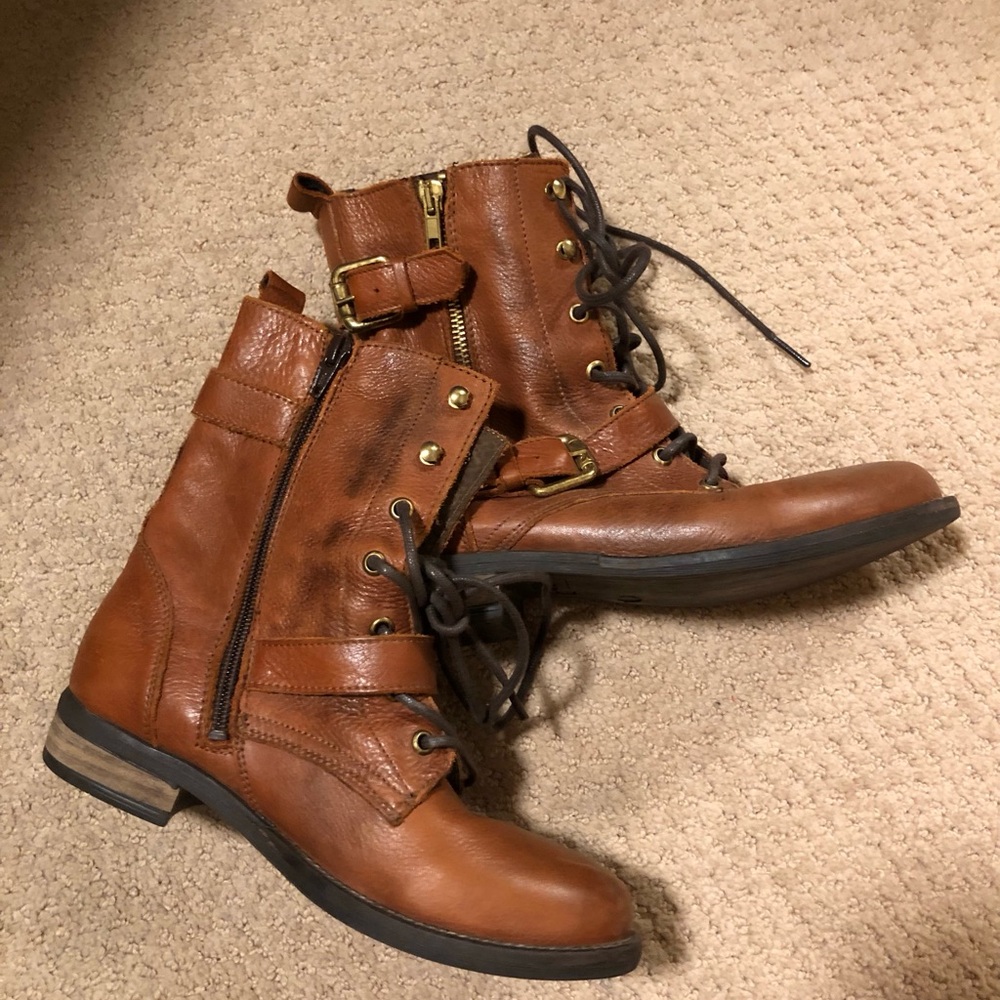 Aldo leather cognac brown lace up boots brass hardware size 6.5 or 37